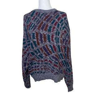 London Fog Vintage 90s Oversized Sweater Size Large Grey with Colorful Pattern